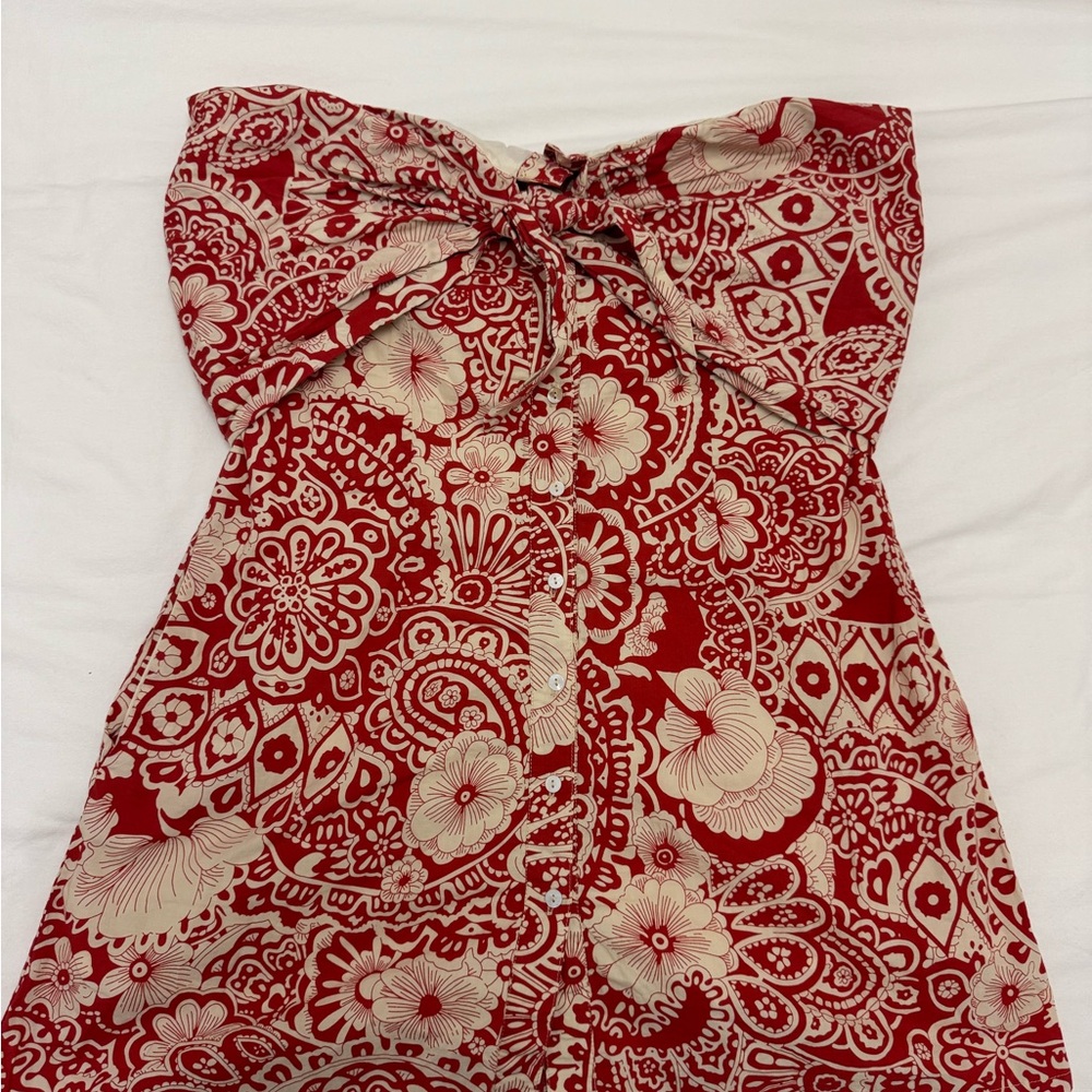 Red and Cream Floral Patterned Dress- Blue Tassel
